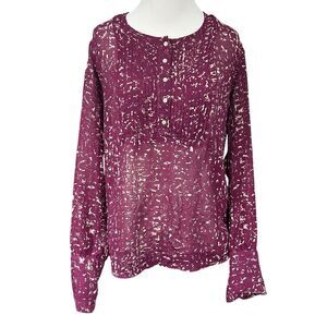 Converse One Star Womens Large Sheer Chiffon Blouse Maroon Beige Speck Long Slv